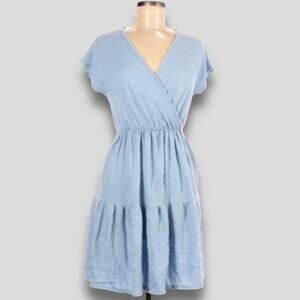 CAUTION TO THE WIND NEW BLUE FAUX WRAP MINI DRESS TIER BLUE MEDIUM